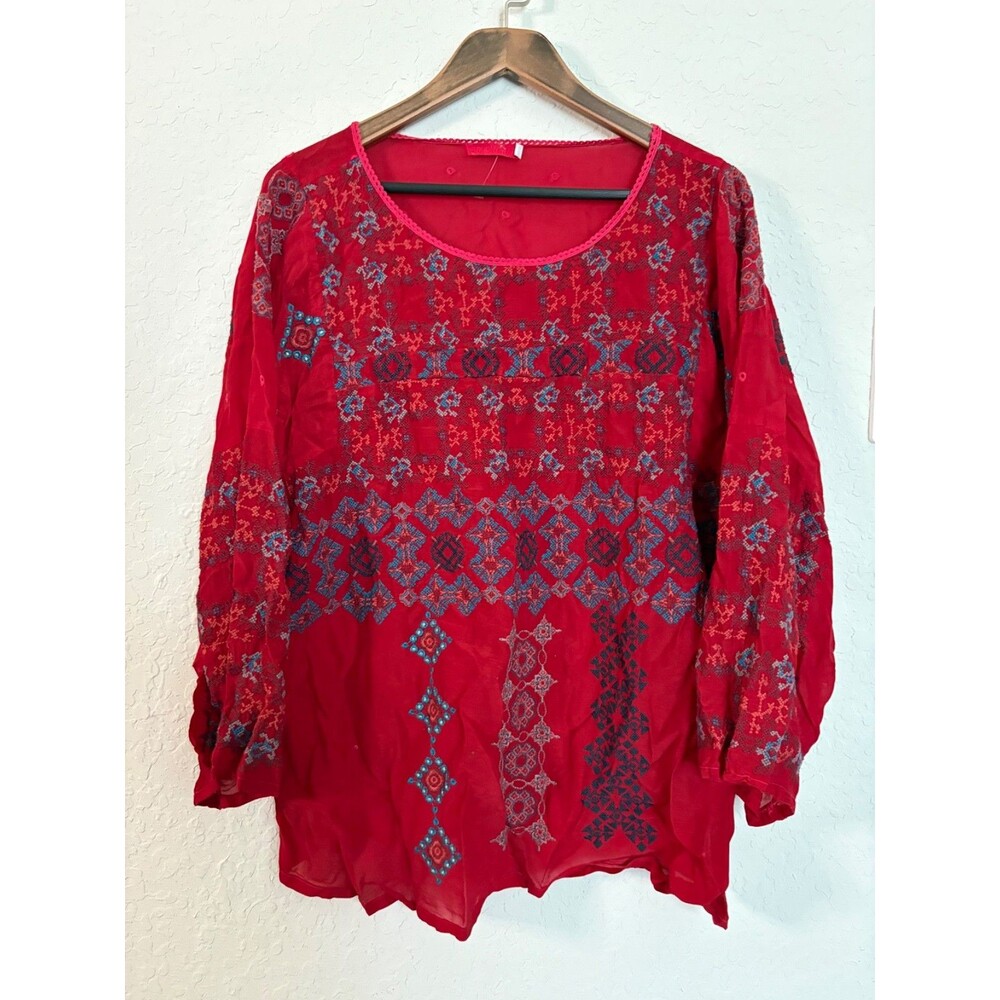 Johnny Was Embroidered Blouse Top Womens Size XL Boho Aztec Geometric Red